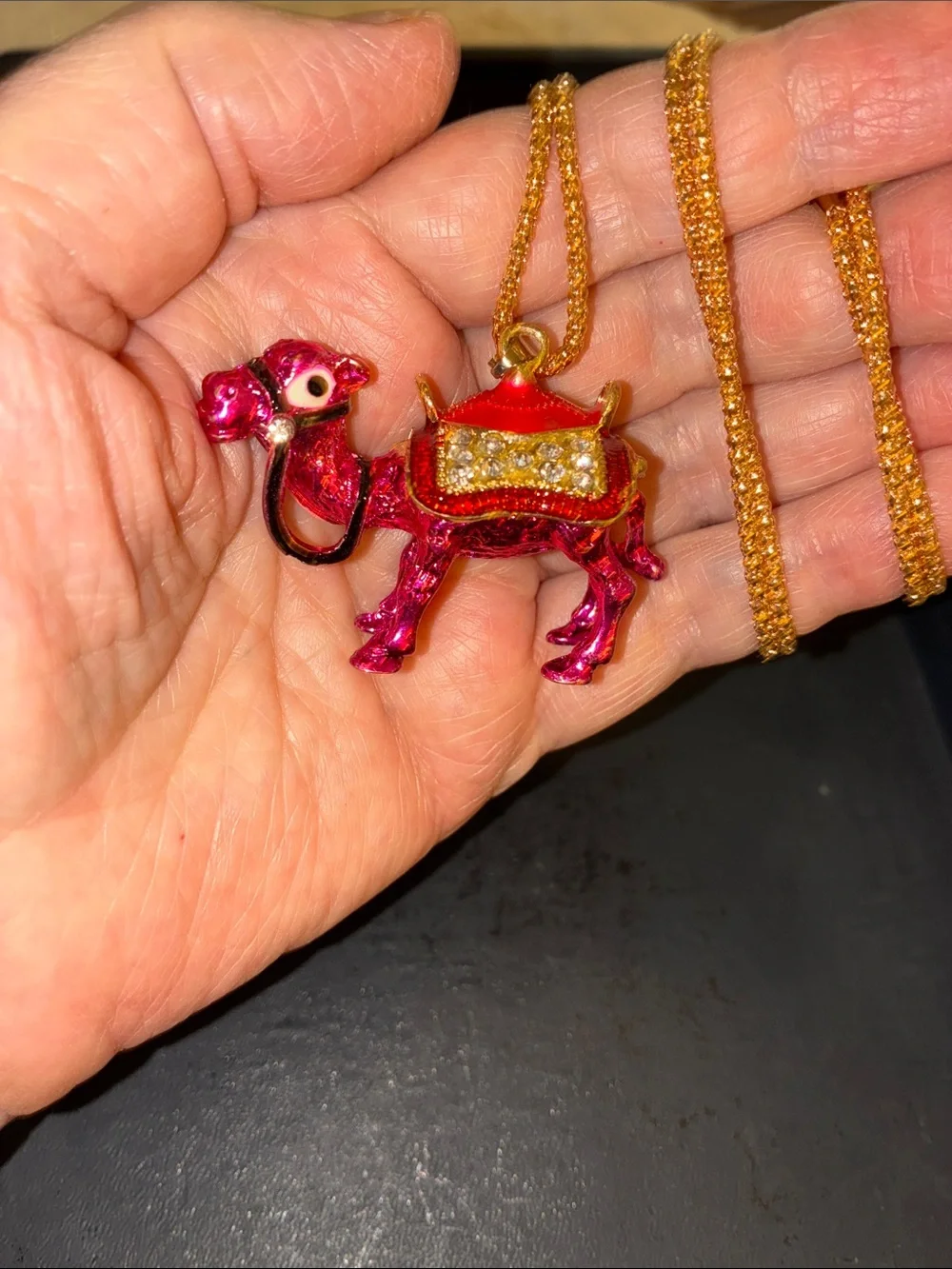 Camel Pink Enamel Pendant Necklace with Clear Crystals On The Saddle. Stands